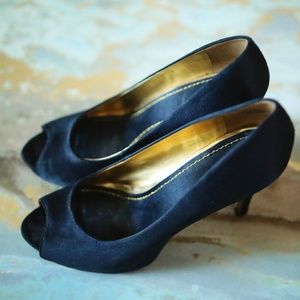 Nine West black satin open toe heels